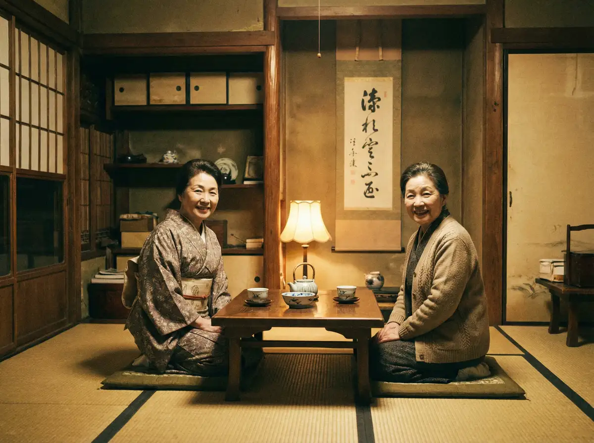 两位优雅的 今日吃瓜 在日式茶室中品茶交谈